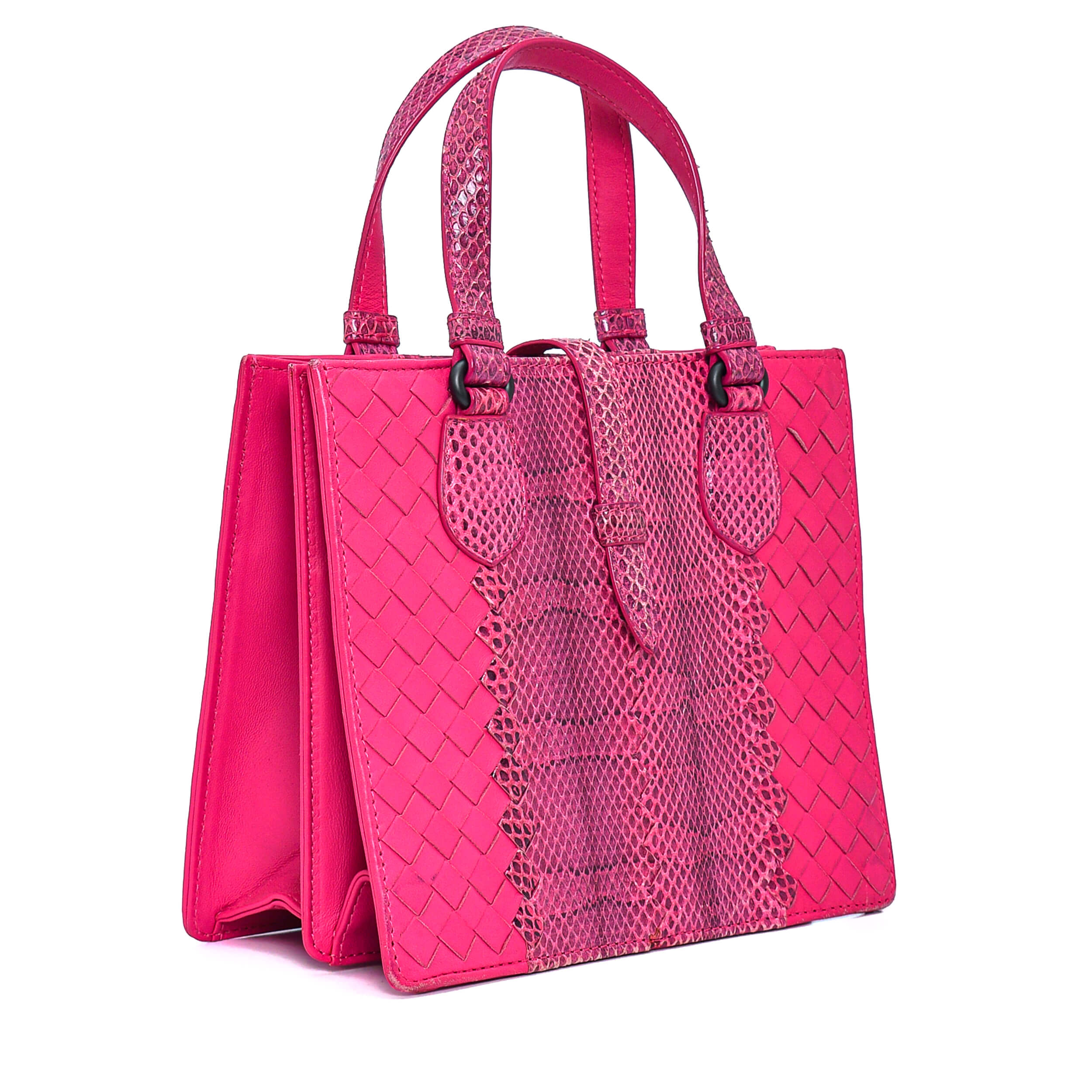 Bottega Veneta -  Pink Intreccıato Leather & Exotic Leather Mini Top Handle Bag 